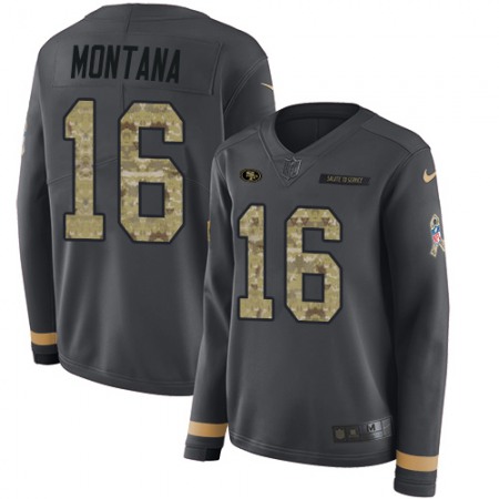 Nike 49ers #16 Joe Montana Anthracite Salute to Service Women's Stitched NFL Limited Therma Long Sleeve Jersey