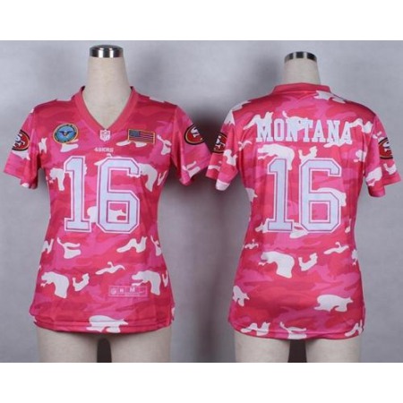Nike 49ers #16 Joe Montana Pink Women's Stitched NFL Elite Camo Fashion Jersey