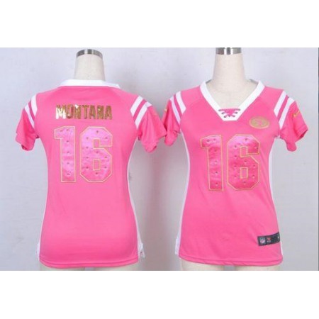 Nike 49ers #16 Joe Montana Pink Women's Stitched NFL Elite Draft Him Shimmer Jersey