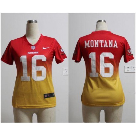 Nike 49ers #16 Joe Montana Red/Gold Women's Stitched NFL Elite Fadeaway Fashion Jersey
