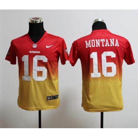 Nike 49ers #16 Joe Montana Red/Gold Youth Stitched NFL Elite Fadeaway Fashion Jersey