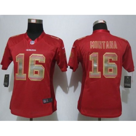 Nike 49ers #16 Joe Montana Red Team Color Women's Stitched NFL Elite Strobe Jersey