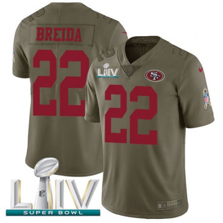 Nike 49ers #22 Matt Breida Olive Super Bowl LIV 2020 Youth Stitched NFL Limited 2017 Salute To Service Jersey