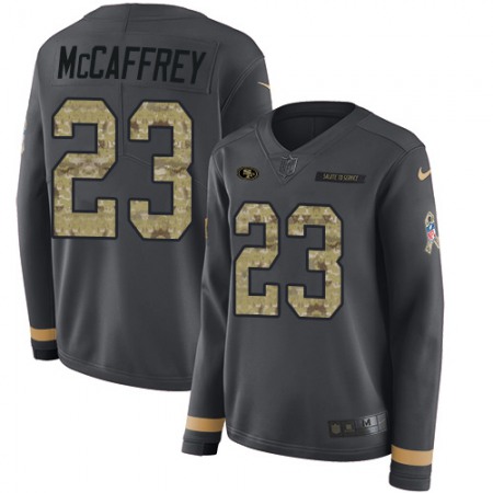 Nike 49ers #23 Christian McCaffrey Anthracite Salute to Service Women's Stitched NFL Limited Therma Long Sleeve Jersey