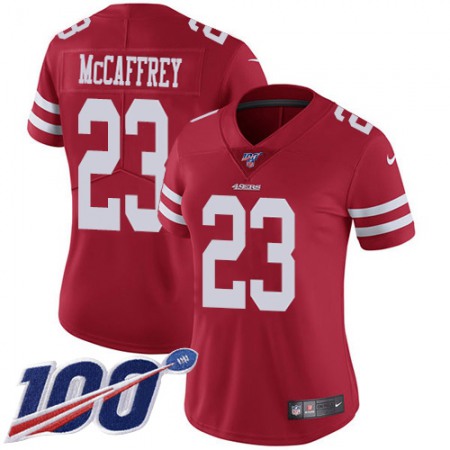 Nike 49ers #23 Christian McCaffrey Red Team Color Women's Stitched NFL 100th Season Vapor Limited Jersey