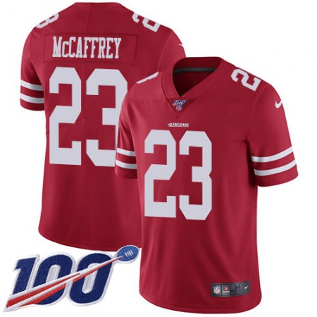 Nike 49ers #23 Christian McCaffrey Red Team Color Youth Stitched NFL 100th Season Vapor Limited Jersey