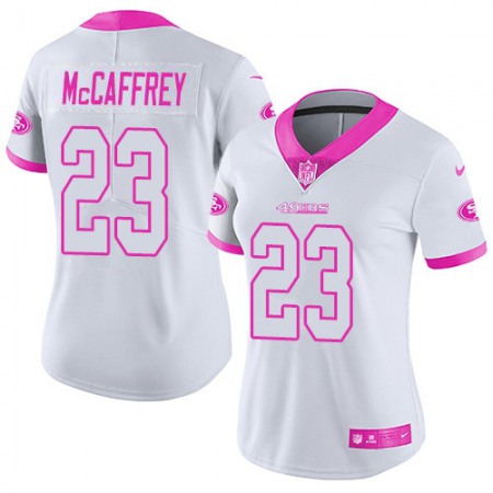Nike 49ers #23 Christian McCaffrey White/Pink Women's Stitched NFL Limited Rush Fashion Jersey