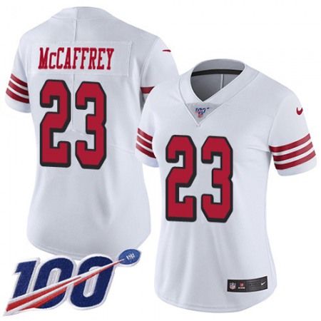 Nike 49ers #23 Christian McCaffrey White Rush Women's Stitched NFL Limited 100th Season Jersey