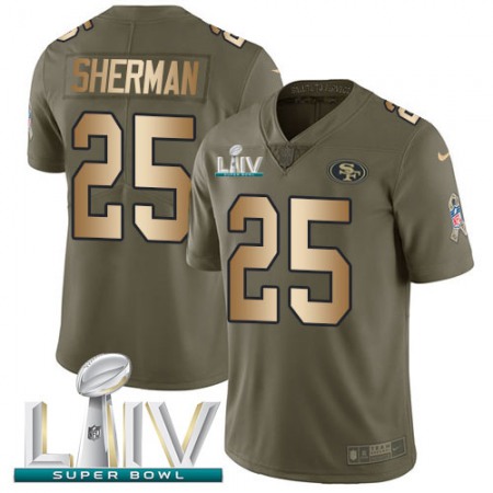 Nike 49ers #25 Richard Sherman Olive/Gold Super Bowl LIV 2020 Youth Stitched NFL Limited 2017 Salute To Service Jersey