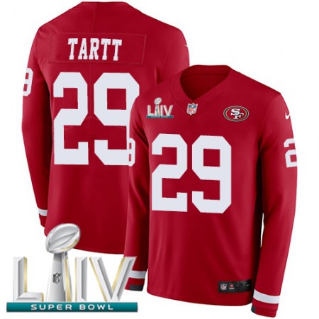 Nike 49ers #29 Jaquiski Tartt Red Super Bowl LIV 2020 Team Color Youth Stitched NFL Limited Therma Long Sleeve Jersey