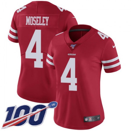 Nike 49ers #4 Emmanuel Moseley Red Team Color Women's Stitched NFL 100th Season Vapor Limited Jersey