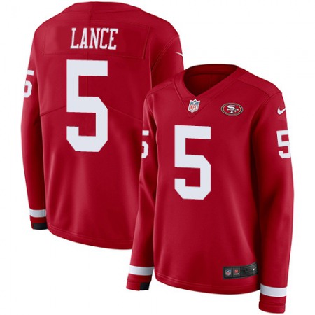 Nike 49ers #5 Trey Lance Red Team Color Women's Stitched NFL Limited Therma Long Sleeve Jersey