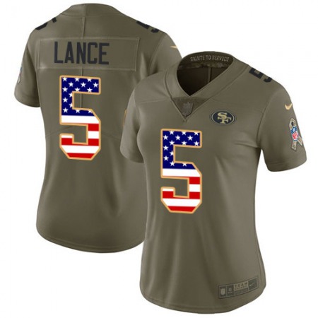 San Francisco 49ers #5 Trey Lance Olive/USA Flag Women's Stitched NFL Limited 2017 Salute To Service Jersey