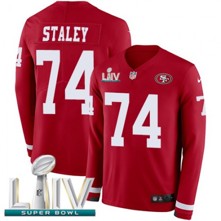 Nike 49ers #74 Joe Staley Red Super Bowl LIV 2020 Team Color Youth Stitched NFL Limited Therma Long Sleeve Jersey