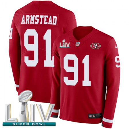 Nike 49ers #91 Arik Armstead Red Super Bowl LIV 2020 Team Color Youth Stitched NFL Limited Therma Long Sleeve Jersey