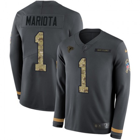 Nike Falcons #1 Marcus Mariota Anthracite Salute to Service Men's Stitched NFL Limited Therma Long Sleeve Jersey