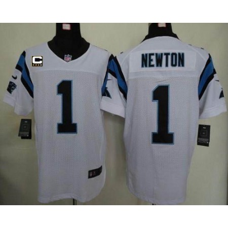 Nike Panthers #1 Cam Newton White With C Patch Men's Stitched NFL Elite Jersey