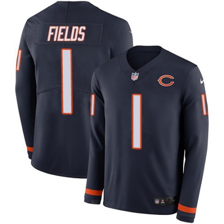 Nike Bears #1 Justin Fields Navy Blue Team Color Men's Stitched NFL Limited Therma Long Sleeve Jersey