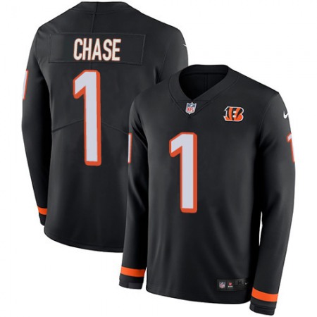 Nike Bengals #1 Ja'Marr Chase Black Team Color Men's Stitched NFL Limited Therma Long Sleeve Jersey