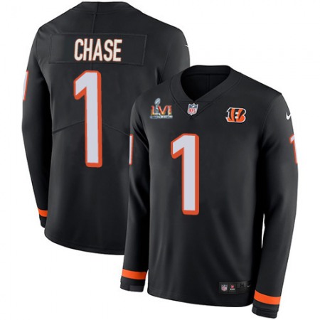 Nike Bengals #1 Ja'Marr Chase Black Team Color Super Bowl LVI Patch Men's Stitched NFL Limited Therma Long Sleeve Jersey