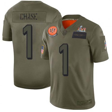 Nike Bengals #1 Ja'Marr Chase Camo Super Bowl LVI Patch Men's Stitched NFL Limited 2019 Salute To Service Jersey