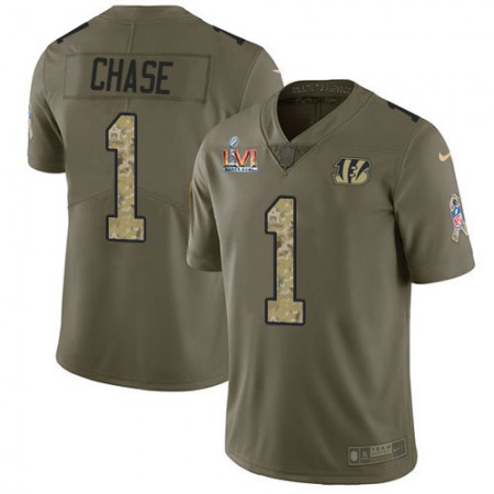 Nike Bengals #1 Ja'Marr Chase Olive/Camo Men's Super Bowl LVI Patch Stitched NFL Limited 2017 Salute To Service Jersey