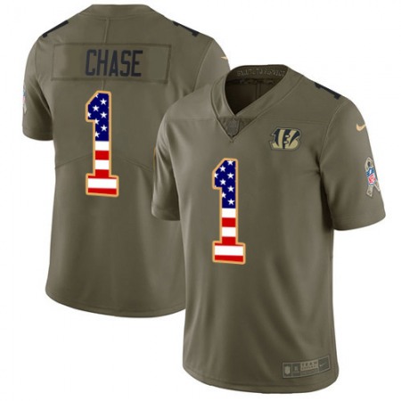 Nike Bengals #1 Ja'Marr Chase Olive/USA Flag Men's Stitched NFL Limited 2017 Salute To Service Jersey