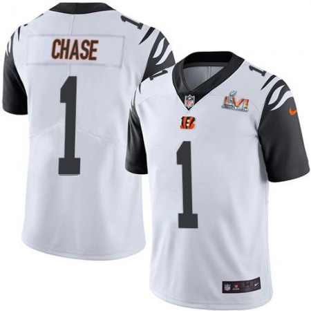 Nike Bengals #1 Ja'Marr Chase White Super Bowl LVI Patch Men's Stitched NFL Limited Rush Jersey