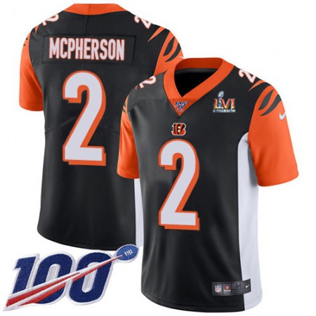 Nike Bengals #2 Evan McPherson Black Team Color Super Bowl LVI Patch Men's Stitched NFL 100th Season Vapor Limited Jersey