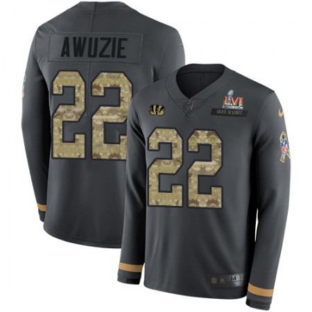 Nike Bengals #22 Chidobe Awuzie Anthracite Super Bowl LVI Patch Salute to Service Men's Stitched NFL Limited Therma Long Sleeve Jersey