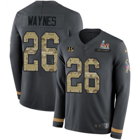 Nike Bengals #26 Trae Waynes Anthracite Super Bowl LVI Patch Salute to Service Men's Stitched NFL Limited Therma Long Sleeve Jersey