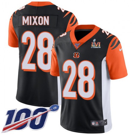 Nike Bengals #28 Joe Mixon Black Team Color Super Bowl LVI Patch Men's Stitched NFL 100th Season Vapor Limited Jersey