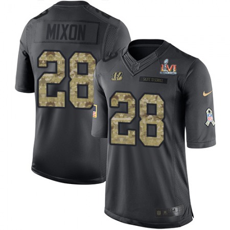 Nike Bengals #28 Joe Mixon Black Team Color Super Bowl LVI Patch Men's Stitched NFL Limited Therma Long Sleeve Jersey