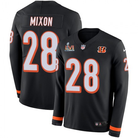 Nike Bengals #28 Joe Mixon Black Team Color Super Bowl LVI Patch Men's Stitched NFL Limited Therma Long Sleeve Jersey