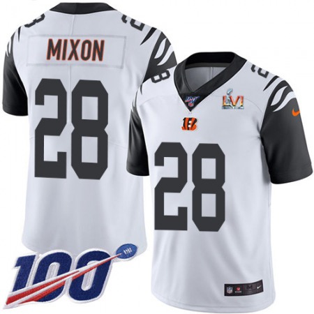 Nike Bengals #28 Joe Mixon White Super Bowl LVI Patch Men's Stitched NFL Limited Rush 100th Season Jersey