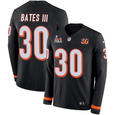 Nike Bengals #30 Jessie Bates III Black Team Color Super Bowl LVI Patch Men's Stitched NFL Limited Therma Long Sleeve Jersey