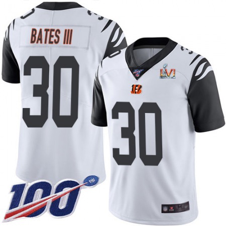 Nike Bengals #30 Jessie Bates White Super Bowl LVI Patch Men's Stitched NFL Limited Rush 100th Season Jersey