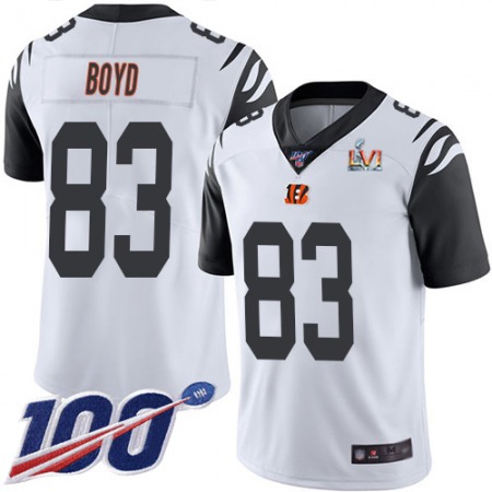 Nike Bengals #83 Tyler Boyd White Super Bowl LVI Patch Men's Stitched NFL Limited Rush 100th Season Jersey