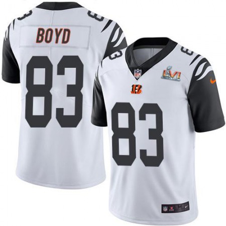 Nike Bengals #83 Tyler Boyd White Super Bowl LVI Patch Men's Stitched NFL Limited Rush Jersey