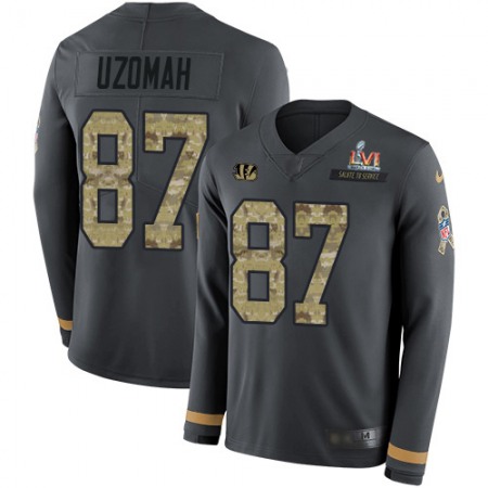 Nike Bengals #87 C.J. Uzomah Anthracite Super Bowl LVI Patch Salute to Service Men's Stitched NFL Limited Therma Long Sleeve Jersey