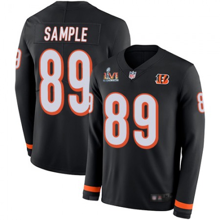 Nike Bengals #89 Drew Sample Black Team Color Super Bowl LVI Patch Men's Stitched NFL Limited Therma Long Sleeve Jersey