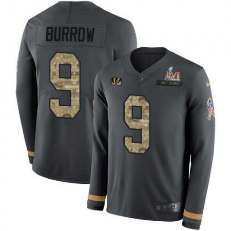 Nike Bengals #9 Joe Burrow Anthracite Super Bowl LVI Patch Salute to Service Men's Stitched NFL Limited Therma Long Sleeve Jersey