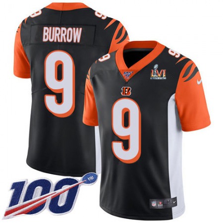 Nike Bengals #9 Joe Burrow Black Team Color Super Bowl LVI Patch Men's Stitched NFL 100th Season Vapor Limited Jersey