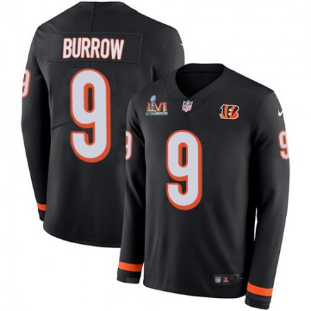 Nike Bengals #9 Joe Burrow Black Team Color Super Bowl LVI Patch Men's Stitched NFL Limited Therma Long Sleeve Jersey