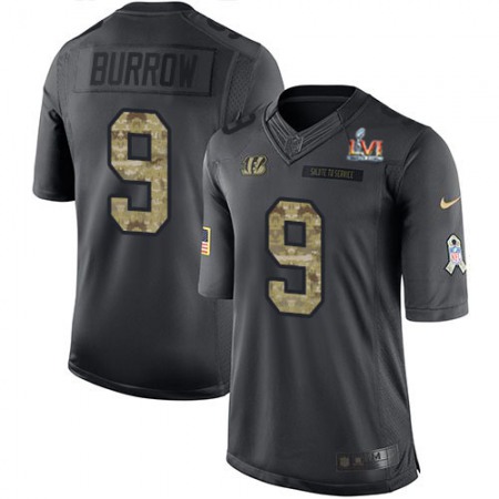 Nike Bengals #9 Joe Burrow Black Team Color Super Bowl LVI Patch Men's Stitched NFL Limited Therma Long Sleeve Jersey