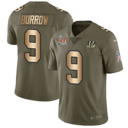 Nike Bengals #9 Joe Burrow Olive/Gold Super Bowl LVI Patch Men's Stitched NFL Limited 2017 Salute To Service Jersey