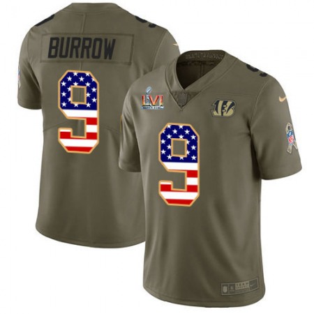 Nike Bengals #9 Joe Burrow Olive/USA Super Bowl LVI Patch Flag Men's Stitched NFL Limited 2017 Salute To Service Jersey