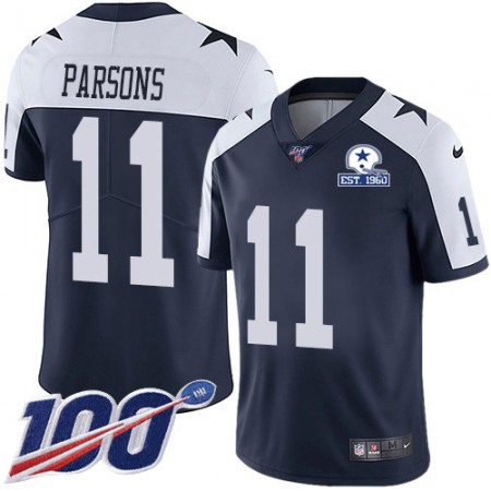 Nike Cowboys #11 Micah Parsons Navy Blue Thanksgiving Men's Stitched With Established In 1960 Patch NFL 100th Season Vapor Untouchable Limited Throwback Jersey