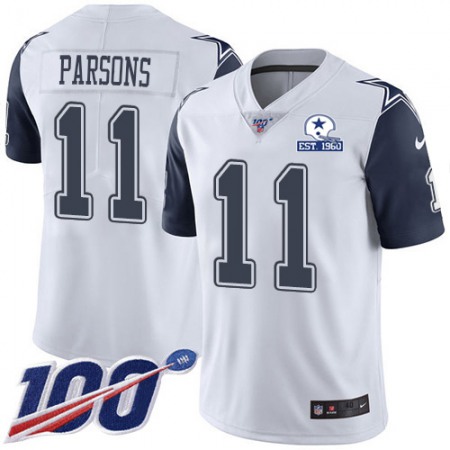 Nike Cowboys #11 Micah Parsons White Men's Stitched With Established In 1960 Patch NFL Limited Rush 100th Season Jersey
