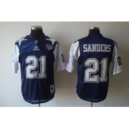 Mitchell & Ness Cowboys #21 Deion Sanders Blue/White With 75TH Stitched Throwback NFL Jersey